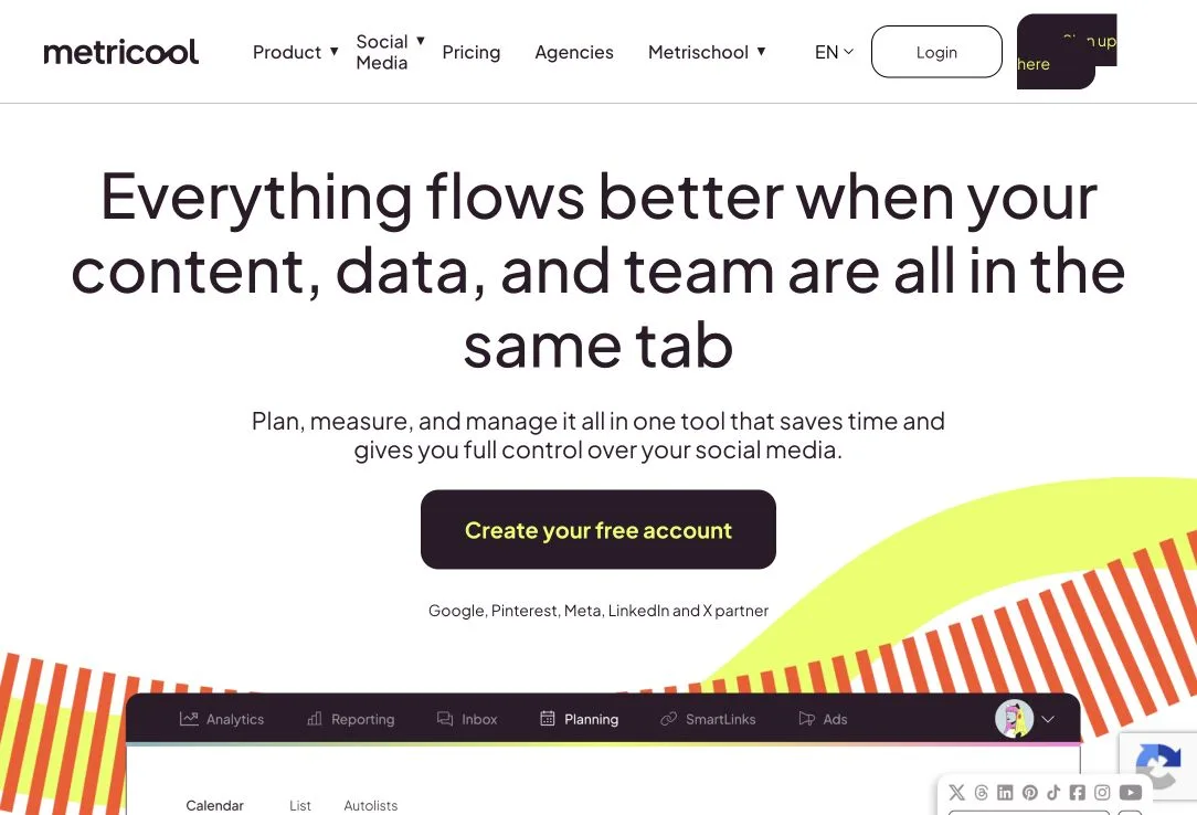 Metricool public landing page hero or marketplace listing